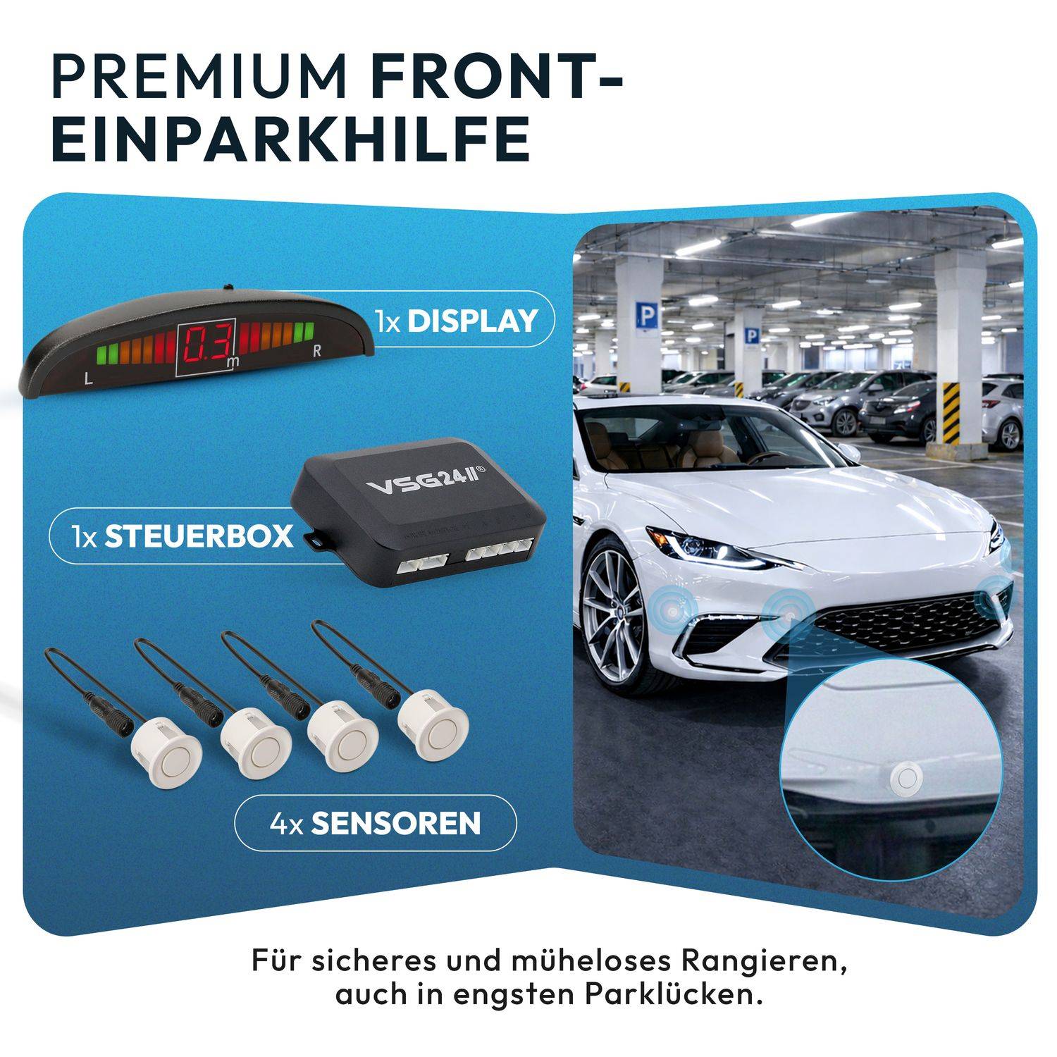 VSG24 Display Premium FRONT-Einparkhilfe Weiß PDC-22128