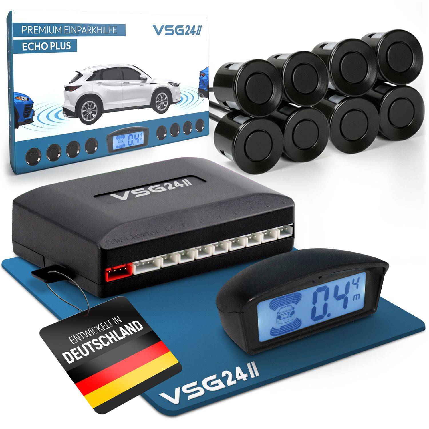 VSG24 Premium Kombi-Set Einparkhilfe für vorne & hinten, PKW, Sprinter, Wohnmobil - Sensoren schwarz PDC-22145