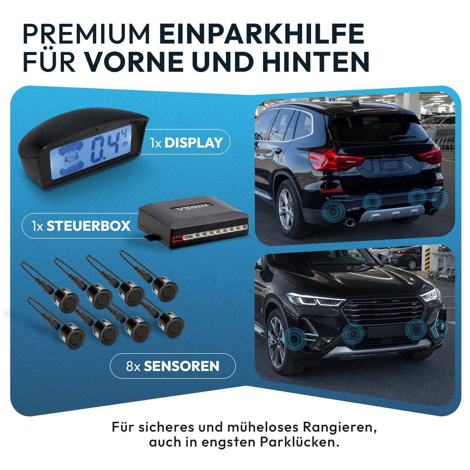 VSG24 Premium Kombi-Set Einparkhilfe für vorne & hinten, PKW, Sprinter, Wohnmobil - Sensoren schwarz PDC-22145