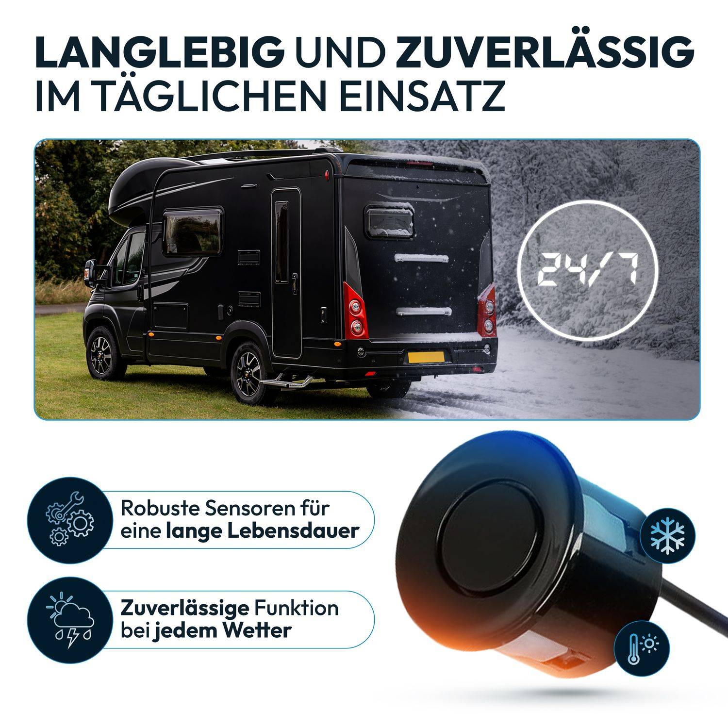 VSG24 Premium Kombi-Set Einparkhilfe für vorne & hinten, PKW, Sprinter, Wohnmobil - Sensoren schwarz PDC-22145