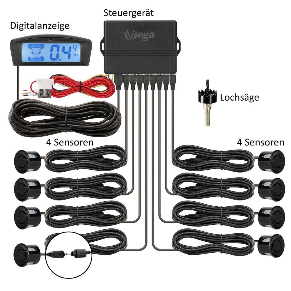 VSG24 Premium Kombi-Set Einparkhilfe für vorne & hinten, PKW, Sprinter, Wohnmobil - Sensoren schwarz PDC-22145
