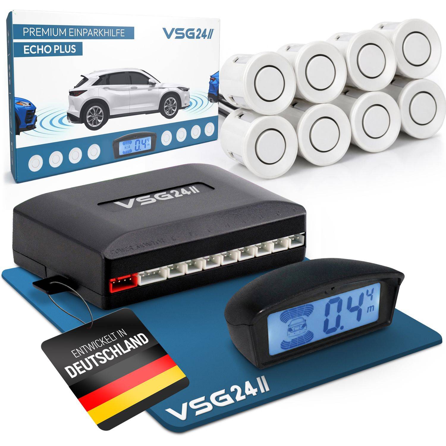 VSG24 Premium Kombi-Set Einparkhilfe für vorne & hinten, PKW, Sprinter, Wohnmobil - Sensoren Weiß PDC-22147