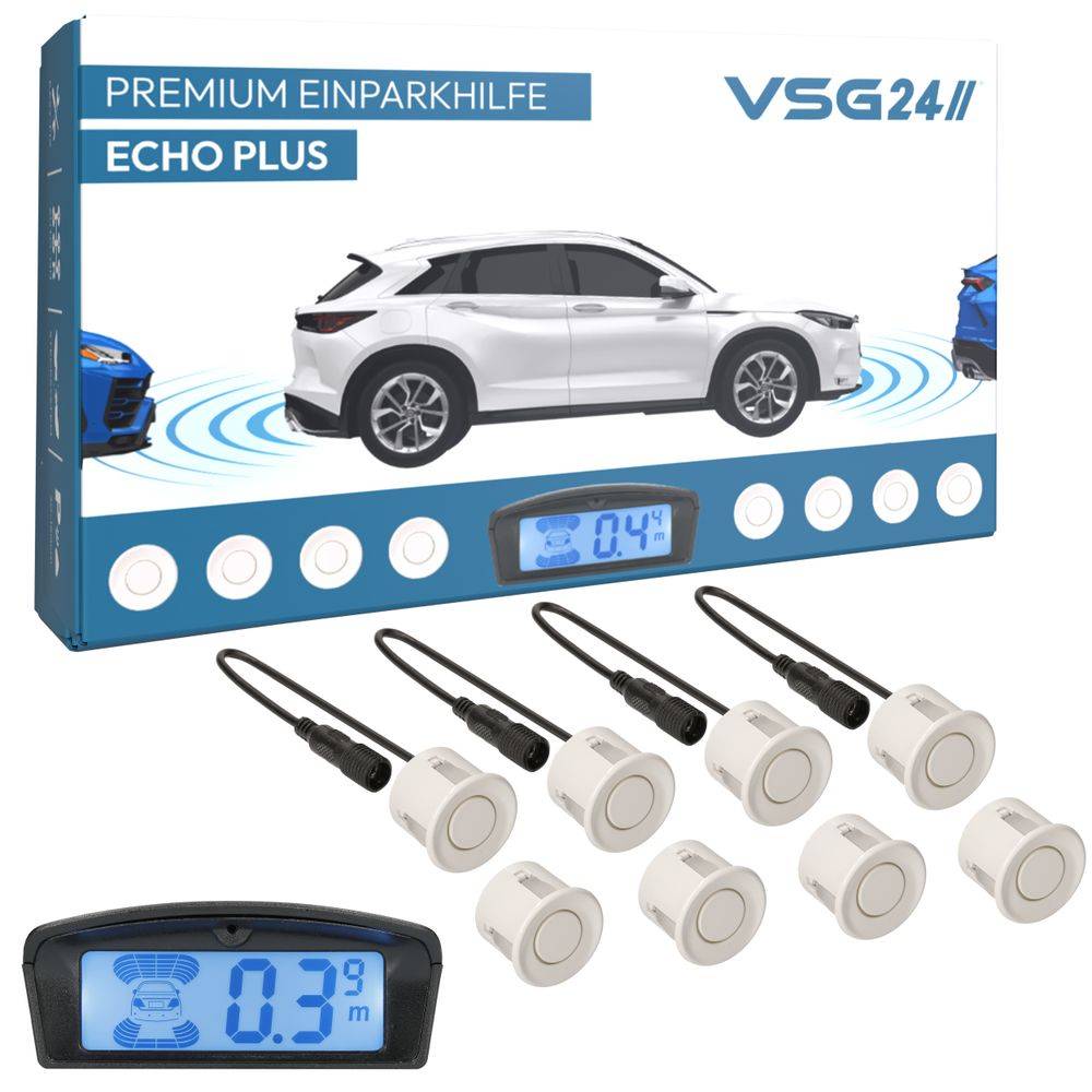 VSG24 Premium Kombi-Set Einparkhilfe für vorne & hinten, PKW, Sprinter, Wohnmobil - Sensoren Weiß PDC-22147