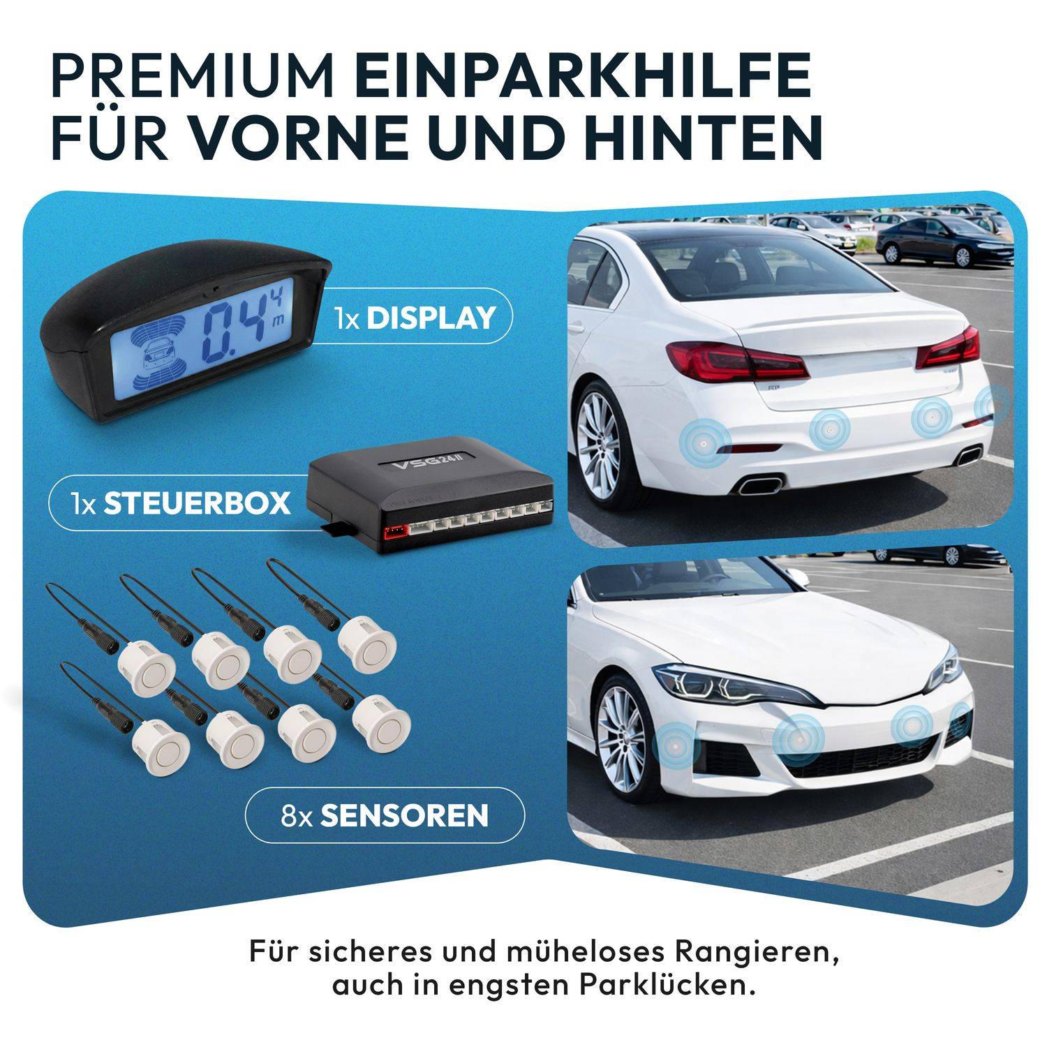 VSG24 Premium Kombi-Set Einparkhilfe für vorne & hinten, PKW, Sprinter, Wohnmobil - Sensoren Weiß PDC-22147