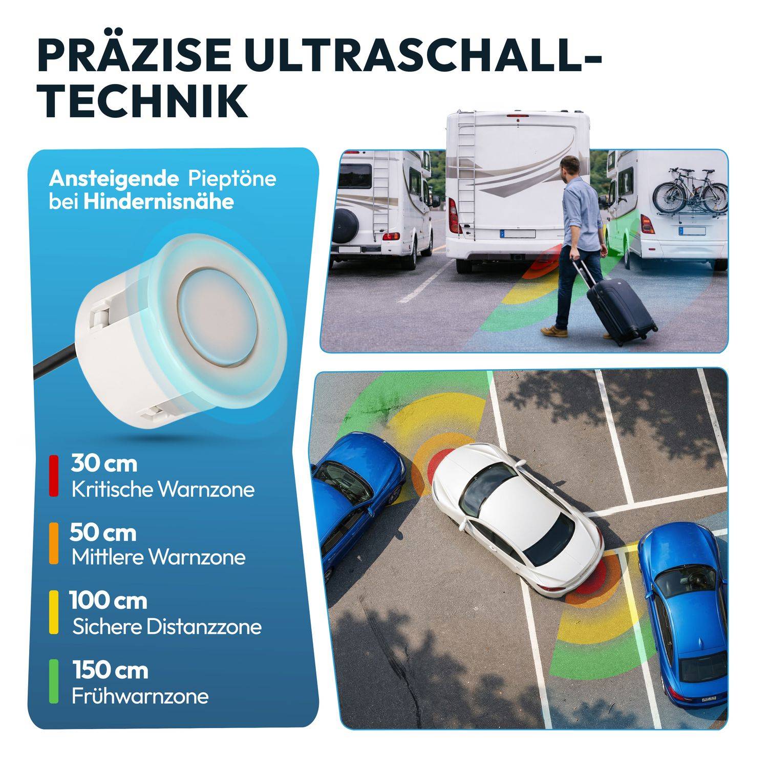 VSG24 Premium Kombi-Set Einparkhilfe für vorne & hinten, PKW, Sprinter, Wohnmobil - Sensoren Weiß PDC-22147