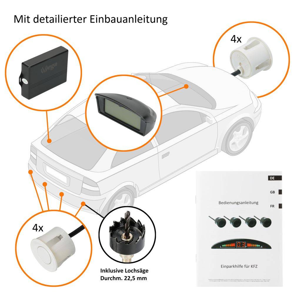 VSG24 Premium Kombi-Set Einparkhilfe für vorne & hinten, PKW, Sprinter, Wohnmobil - Sensoren Weiß PDC-22147