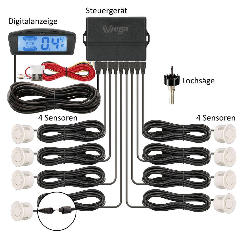 VSG24 Premium Kombi-Set Einparkhilfe für vorne & hinten, PKW, Sprinter, Wohnmobil - Sensoren Weiß PDC-22147