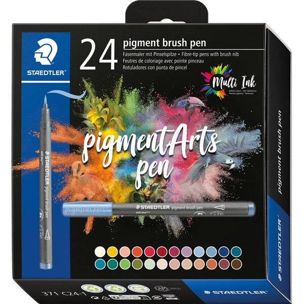 Staedtler Pigment Arts Stift-Set mit 24 Pigment-Pinseln, mit mehrfarbigem Tintenspritzer-Design und Farbmustern.