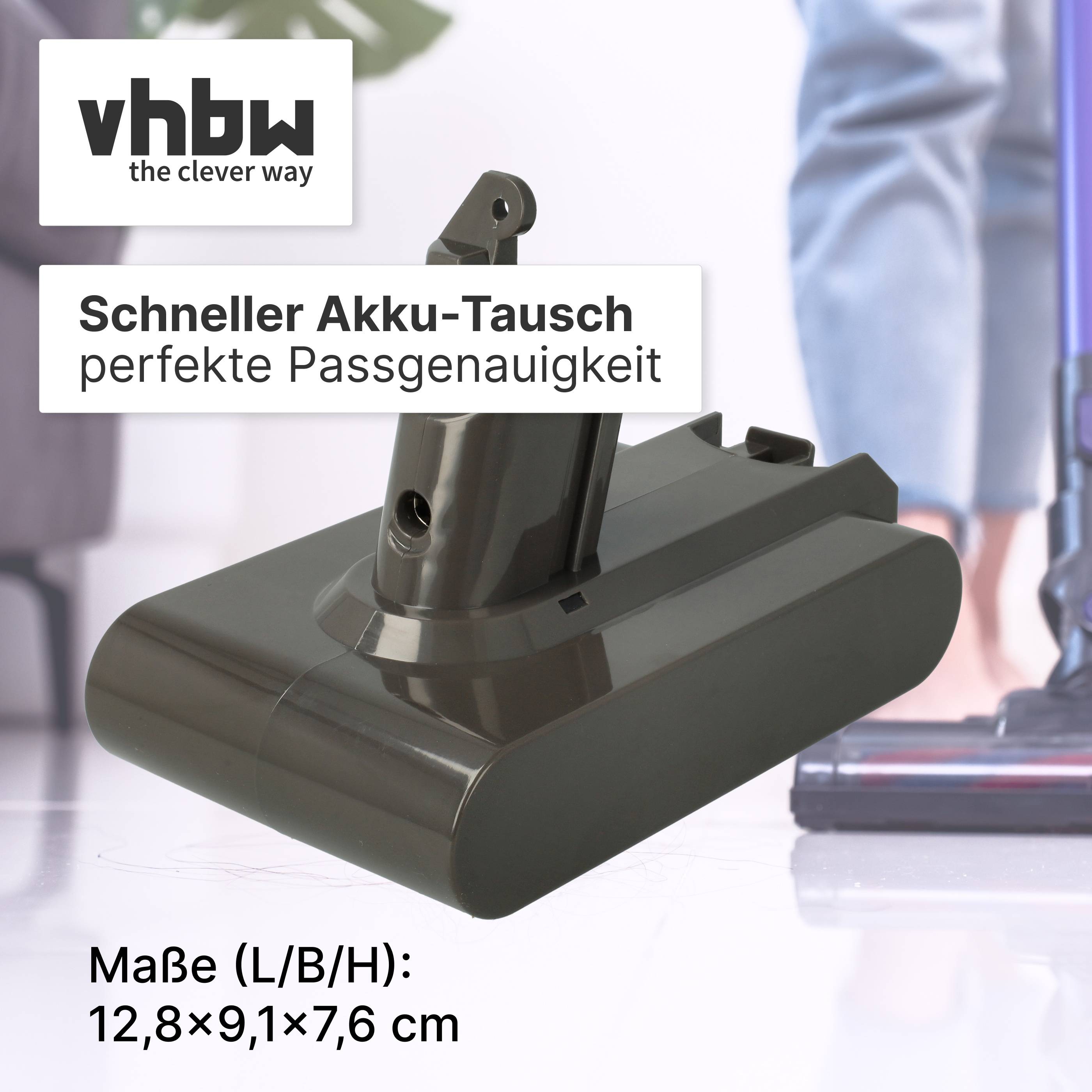 vhbw Ersatz-Vakuumakkupack, mit Text „Schneller Akku-Tausch perfekte Passgenauigkeit" und Abmessungen 12,8 x 9,1 x 7,6 cm