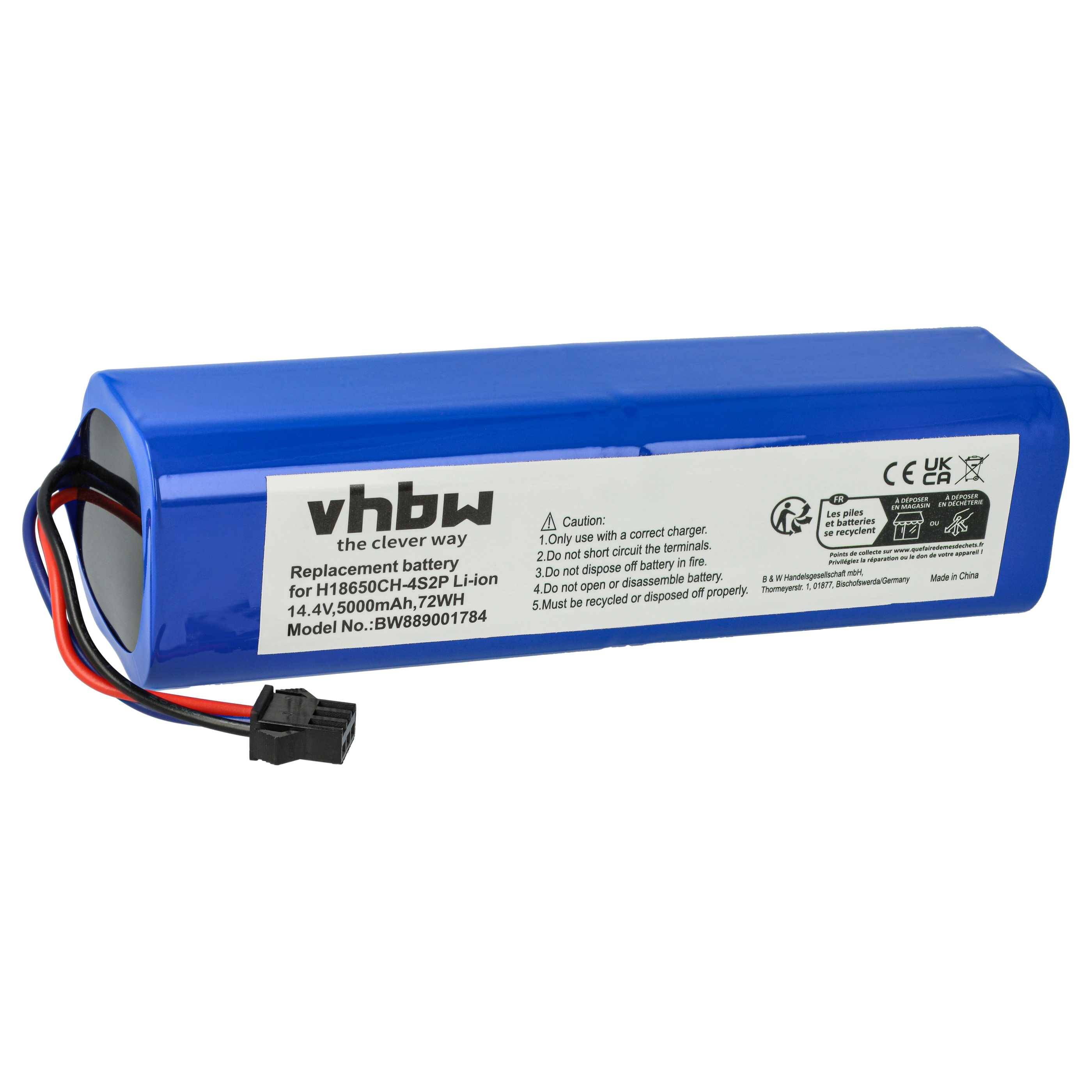 Eine blaue Lithium-Ionen-Batterie mit einem Etikett, das besagt: „vhbw Ersatzbatterie für HS18650CH-5S2P Li-Ion, 14,8V, 9500mAh, 72Wh, Modellnummer: BWB99001784.