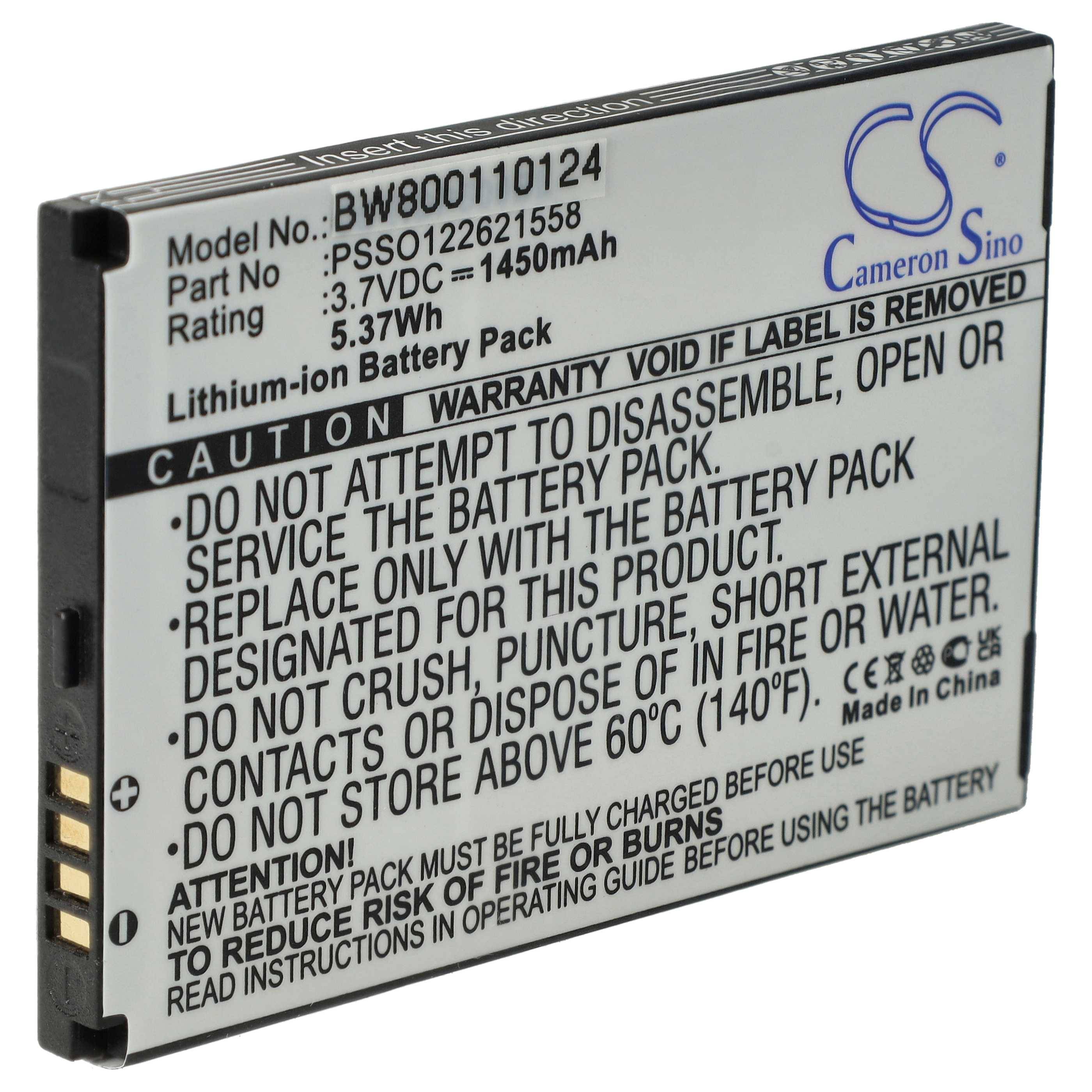 Ein wiederaufladbares Lithium-Ionen-Akkupaket mit folgenden Spezifikationen: Modell BW800110124, 3,7V, 1450mAh, mit Sicherheitswarnungen gegen Auseinandernehmen und Hitzeeinwirkung.