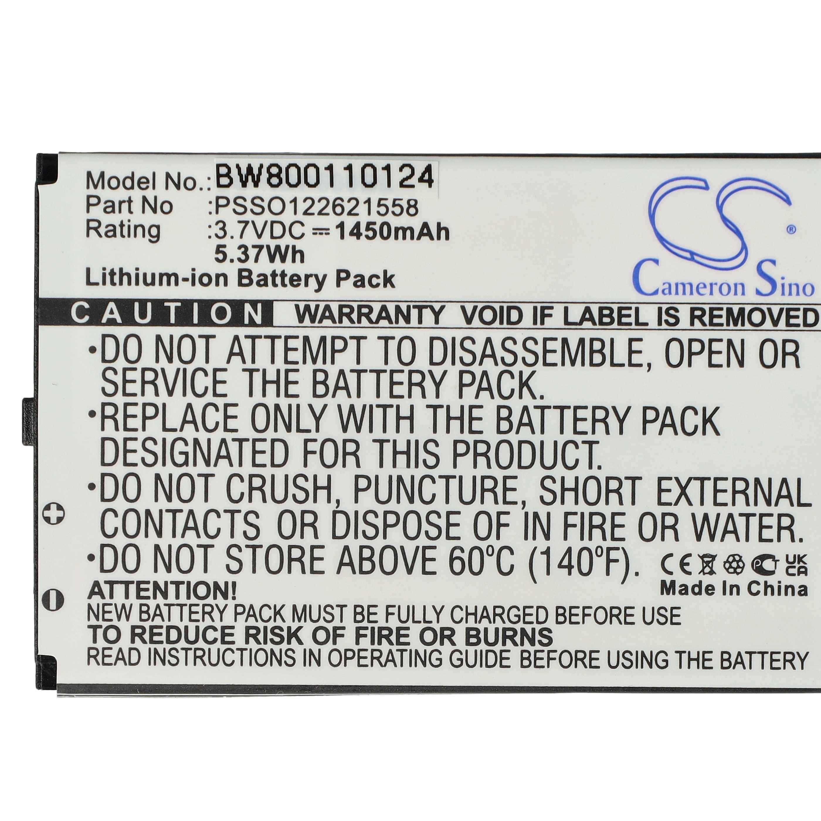 Batterie-Etikett mit Modell 'BW800110124', Teil 'PSSV0122621558', mit 3,7V, 1450mAh, 5,37Wh. Warnt vor unsachgemäßer Verwendung, Feuer, Hitze.