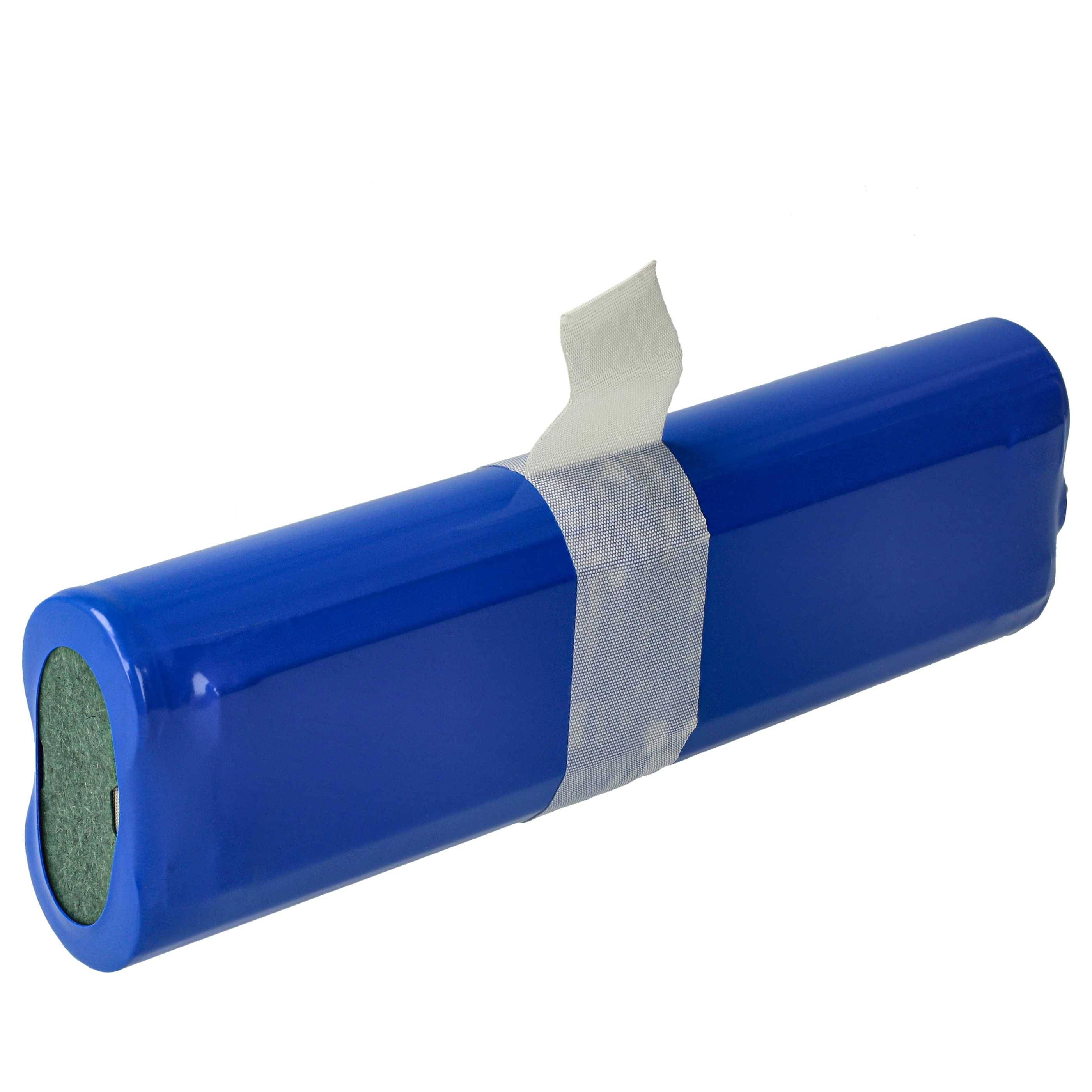 Ein zylindrisches blaues Batteriepaket mit einem weißen Riemen darum herum, das zur Stromspeicherung in elektronischen Geräten verwendet wird.