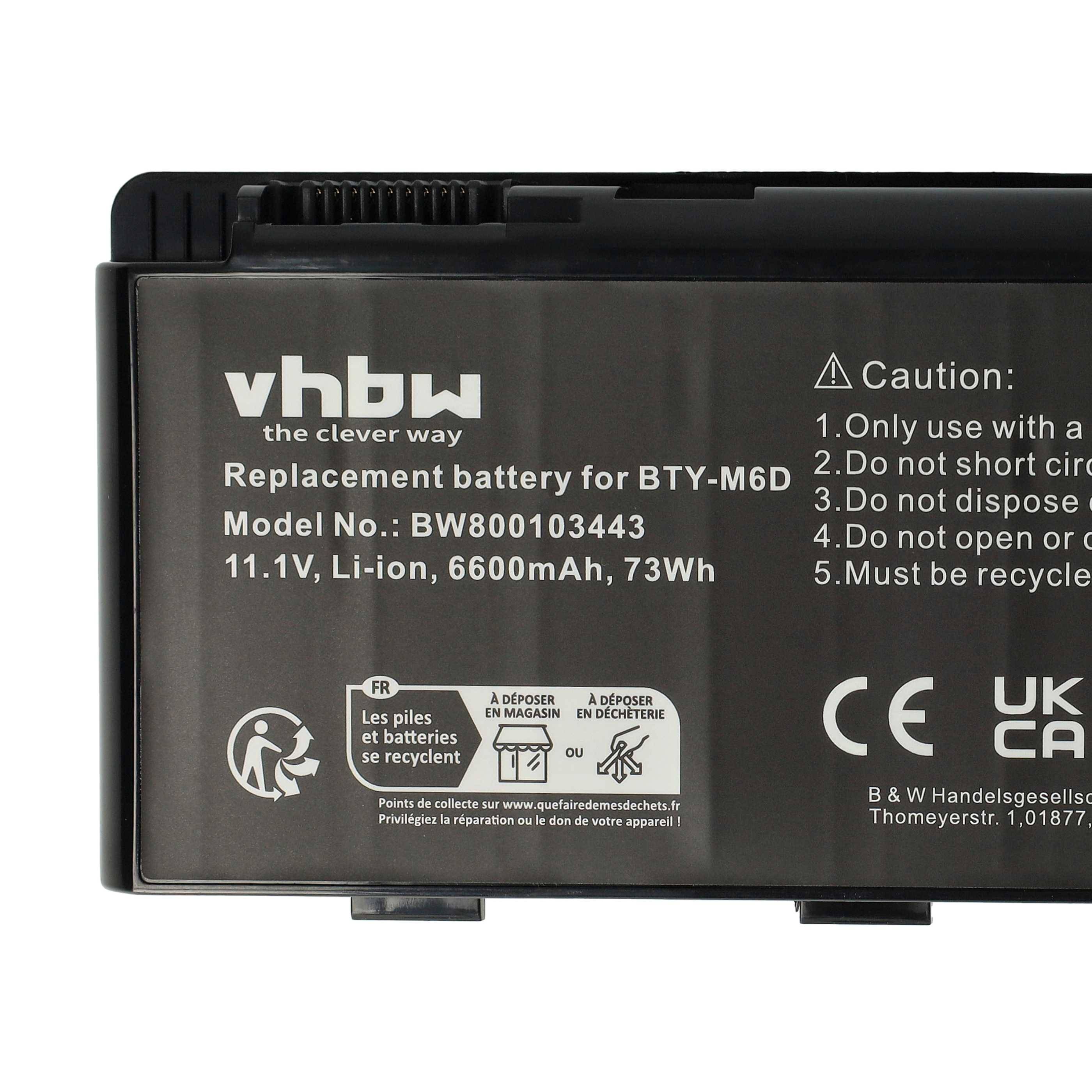 vhbw Akku kompatibel mit MSI Megabook GT60WSPH, GT685, GT685H, GT685R, GT70, GT60, GT60R, GT60WS Notebook (6600 mAh, 11,1 V, Li-Ion)