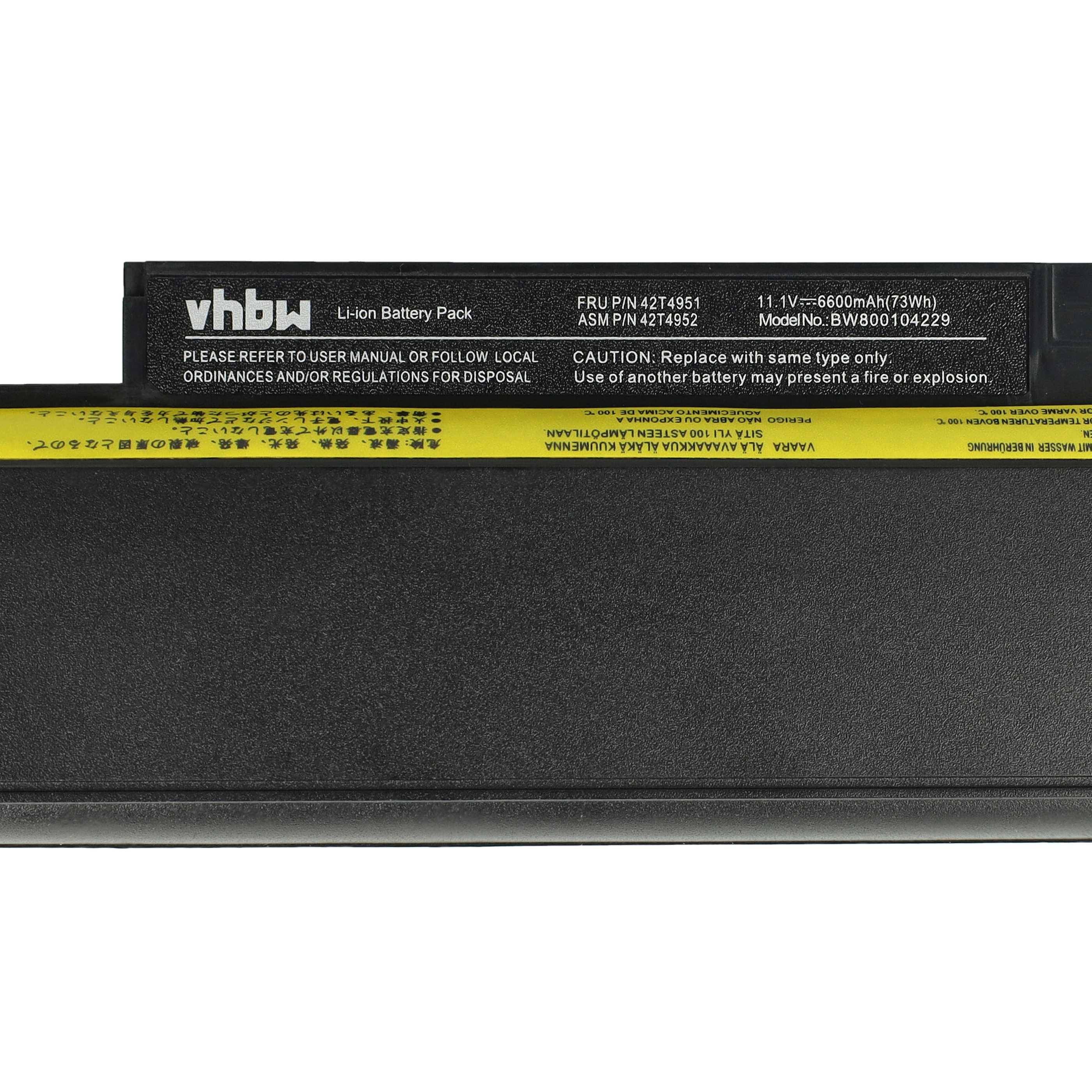 vhbw Akku Ersatz für Lenovo 42T4951, 42T4949, 42T4945, 42T4943, 0A36292, 0A36290 für Notebook (6600 mAh, 11,1 V, Li-Ion)