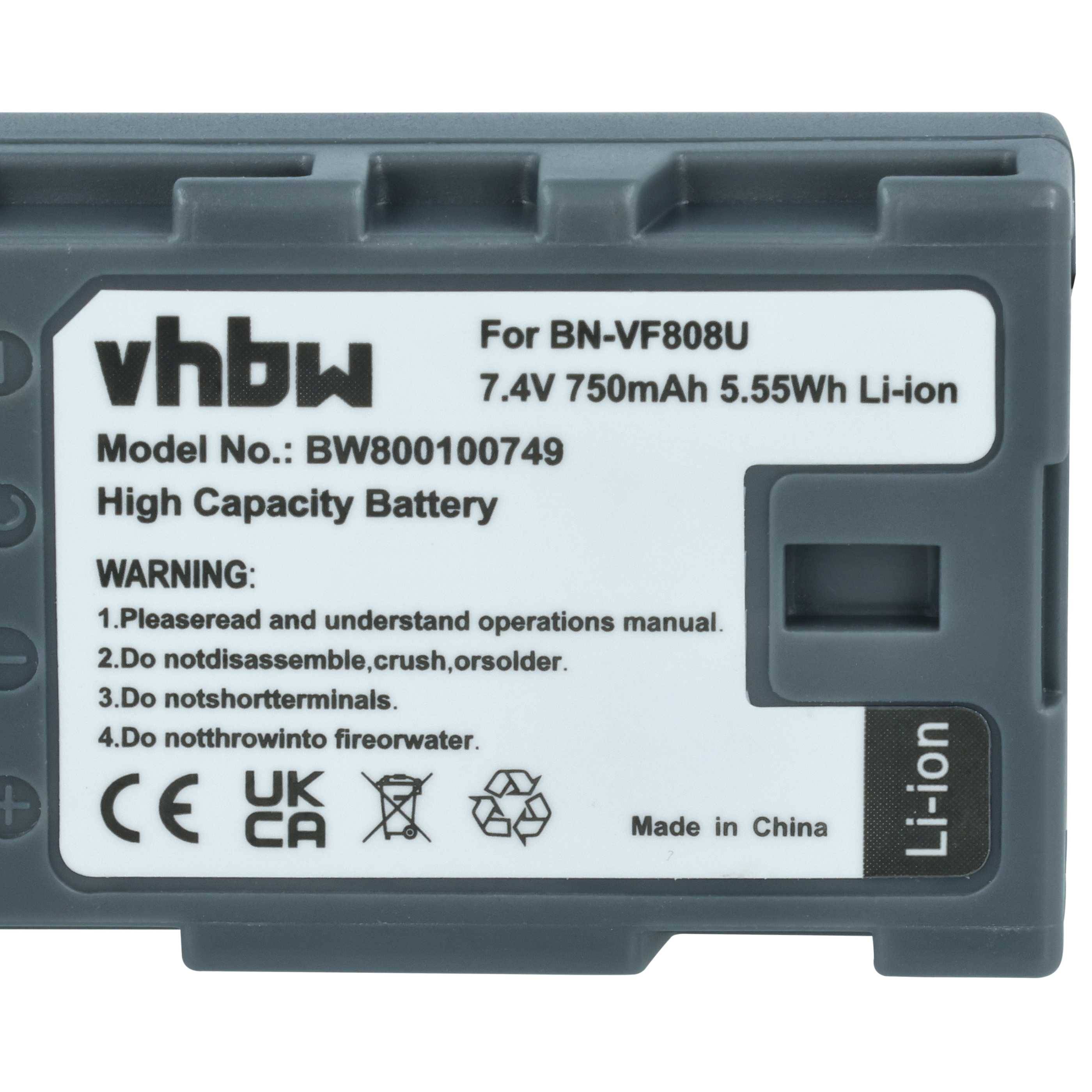 Akku mit der Bezeichnung 'vhbw' für das Modell BN-VF808U, mit 7,4V 750mAh Kapazität. Beinhaltet Warnhinweise zur sachgemäßen Verwendung, Entsorgung und Herstellungsdetails.