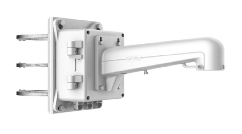 Eine wandmontierte, rechteckige elektrische Vorrichtung mit einem hervorstehenden horizontalen Arm, ausgestattet mit Schaltern und Anschlüssen.