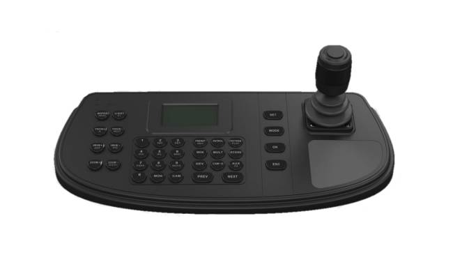 Schwarze Videokamera-Steuerungstastatur mit kleinem Display, vielen Funktionstasten und einem Joystick auf der rechten Seite.