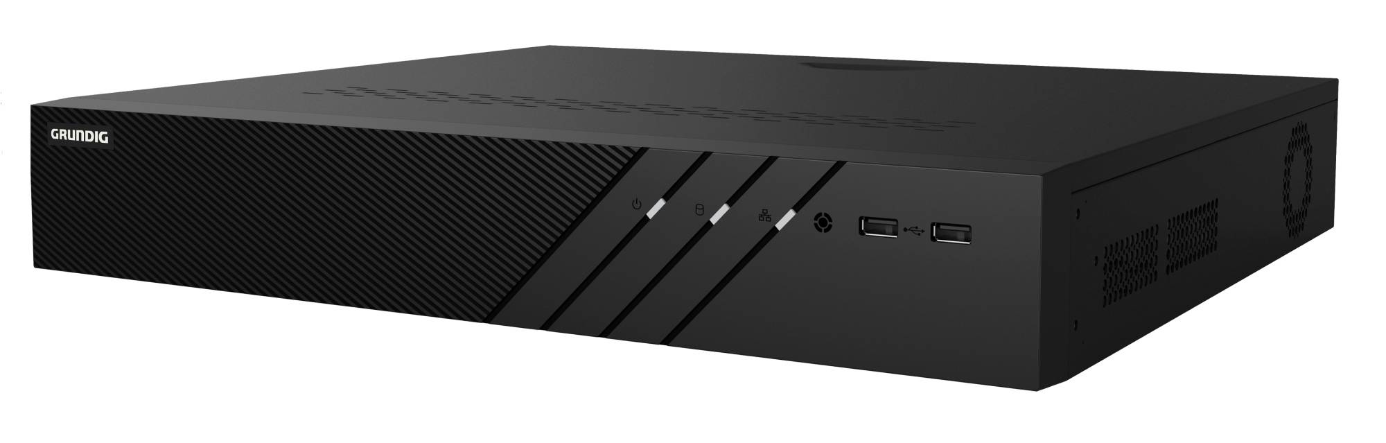 Schwarze Grundig-Elektronikeinheit oder Media-Player in einer 3/4-Frontalansicht mit diagonalen Frontakzenten, Anschlüssen und Belüftungsgittern.