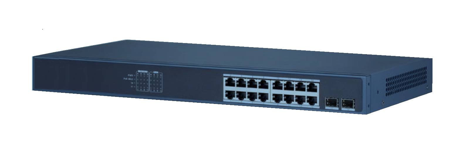 Blaugeräte mit 16 Netzwerk-Schalter/Router-Gerät in Seitenansicht auf weißem Hintergrund.