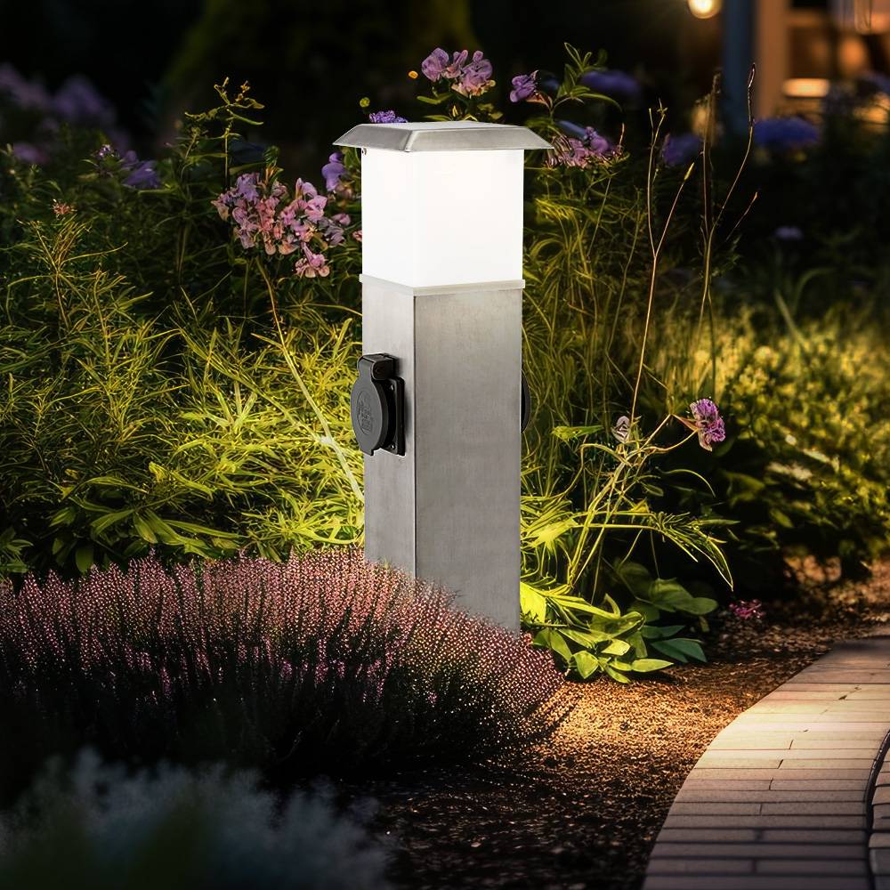 Stehlampe mit Steckdosen Außenleuchte Steckdosen Energieverteiler mit Beleuchtung, Edelstahl opal, 1x LED 1,1W 90Lm warmweiß, LxBxH 15,5x15x40 cm
