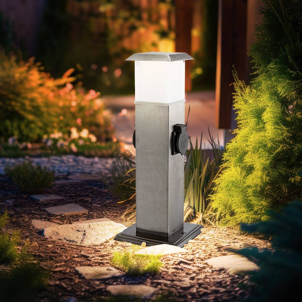 Stehlampe mit Steckdosen Außenleuchte Steckdosen Energieverteiler mit Beleuchtung, Edelstahl opal, 1x LED 1,1W 90Lm warmweiß, LxBxH 15,5x15x40 cm