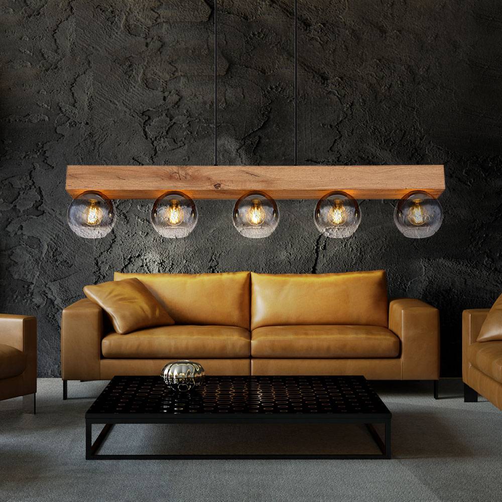 Pendelleuchte Hängelampe Wohnzimmerleuchte Glaskugeln Pendellampe schwarz Holzoptik, 5 flammig, Metall MDF, 5x E27 Fassungen, LxBxH 115x15x120 cm