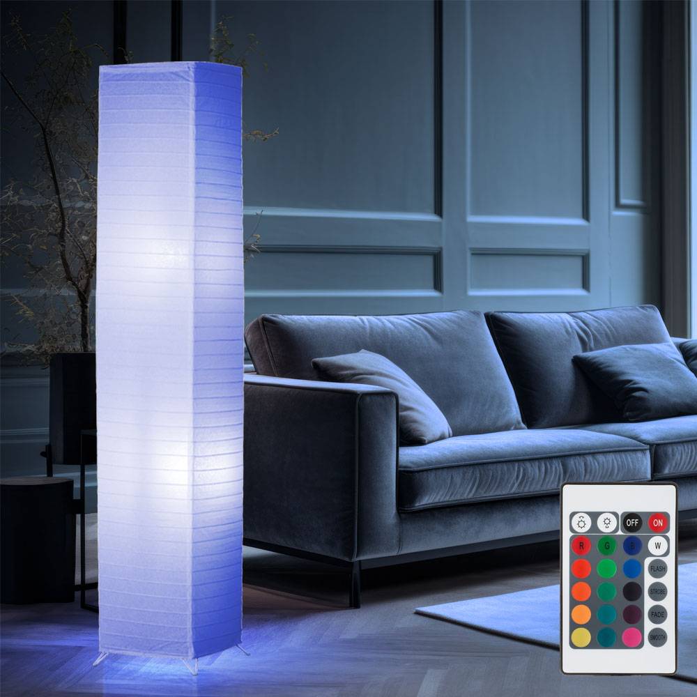 Stehleuchte Standlampe Papier weiß RGB LED Farbwechsler Fernbedienung Wohnzimmerlampe, Fußschalter, 2x RGB LED, H 130 cm