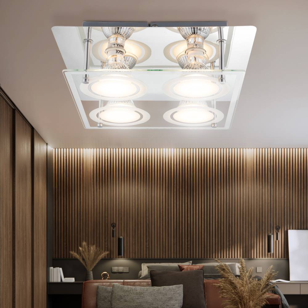 Deckenlampe Wohnzimmerleuchte Esszimmerlampe Deckenleuchte Schlafzimmerlampe Küchenleuchte, Chrom Glas silber, 4 Flammig GU10, 3W 280Lm 3000K