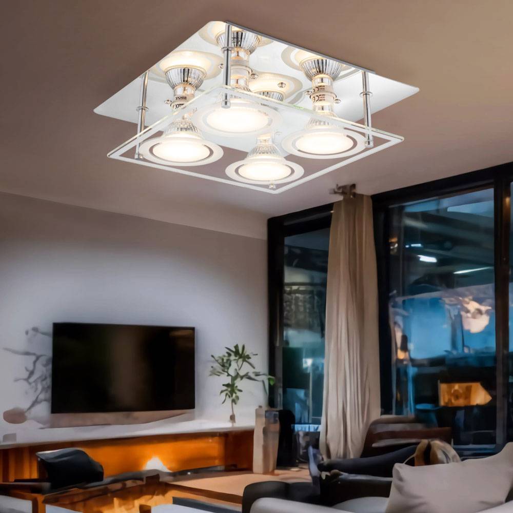 Deckenlampe Wohnzimmerleuchte Esszimmerlampe Deckenleuchte Schlafzimmerlampe Küchenleuchte, Chrom Glas silber, 4 Flammig GU10, 3W 280Lm 3000K