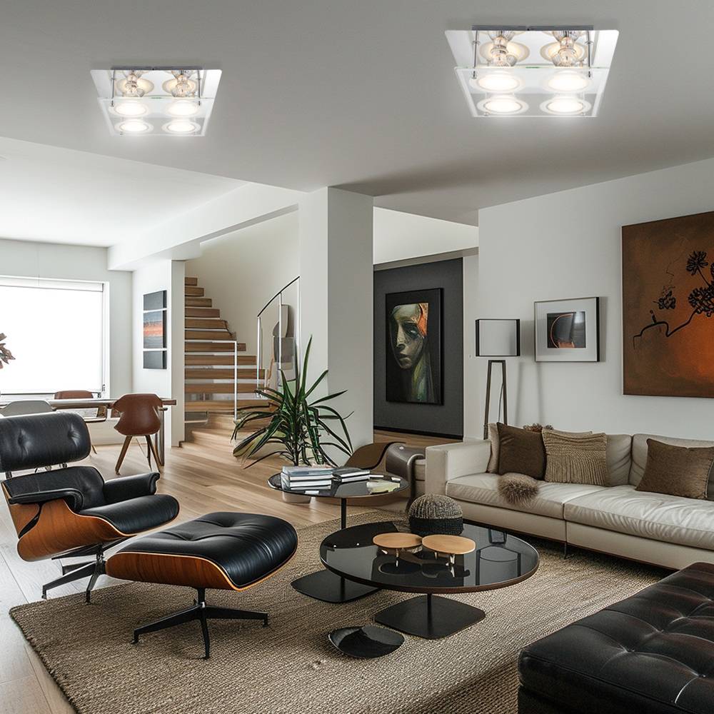 Deckenlampe Wohnzimmerleuchte Esszimmerlampe Deckenleuchte Schlafzimmerlampe Küchenleuchte, Chrom Glas silber, 4 Flammig GU10, 3W 280Lm 3000K