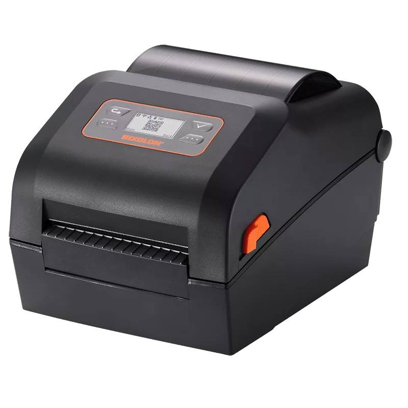 Schwarzer Desktop-Etikettendrucker mit vorderer Papierschacht, oberer Bedienleiste und orangefarbener Seitenentriegelungstaste.