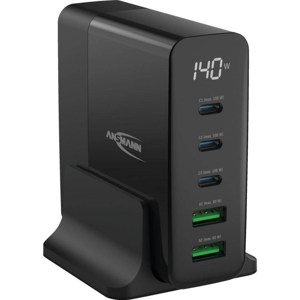 ANSMANN Desktop Charger, USB-Ladegerät mit 5 USB-Ports und 140 W, 80x85x31mm