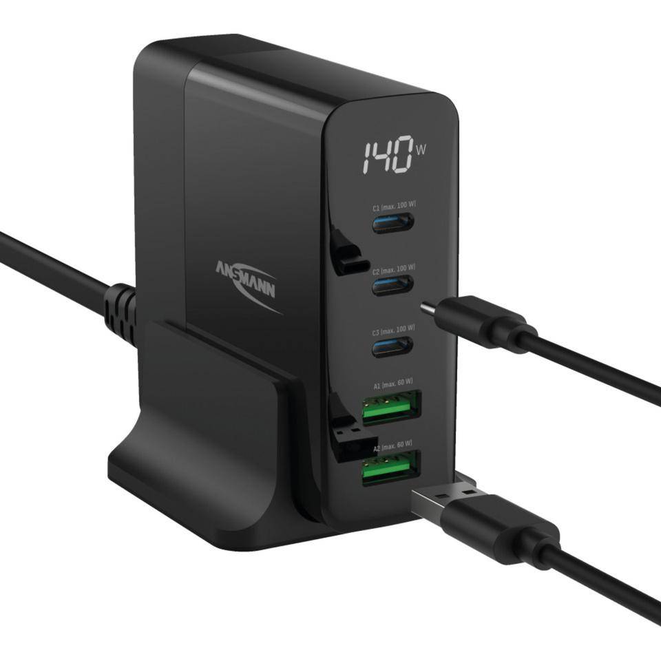 ANSMANN Desktop Charger, USB-Ladegerät mit 5 USB-Ports und 140 W, 80x85x31mm