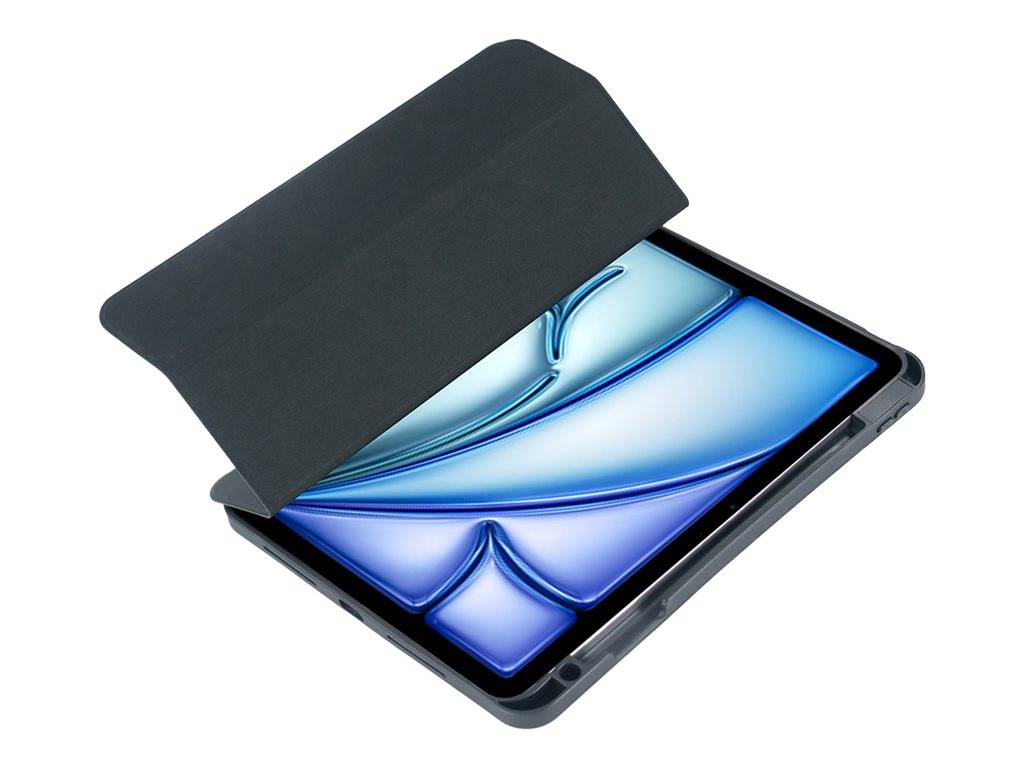 Ein Tablet mit einer teilweise geöffneten Schutzhülle zeigt ein helles, abstraktes Muster in Blau und Weiß auf seinem Bildschirm.