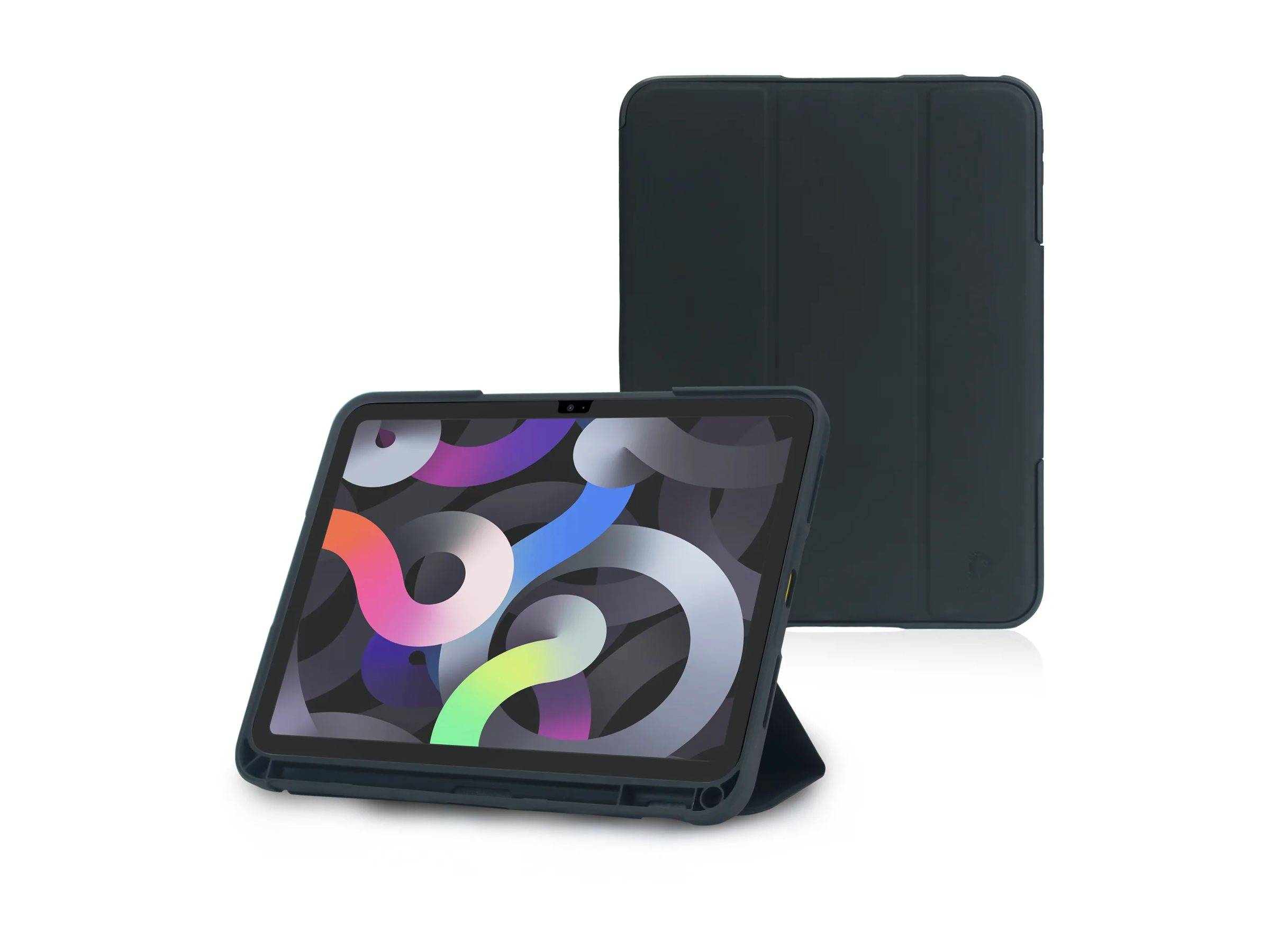 Ein schwarzes Tablet mit einem bunten abstrakten Spiraldesign auf dem Bildschirm ist auf einem zusammenklappbaren Ständer aufgestellt. Im Hintergrund ist eine passende Schutzhülle zu sehen.