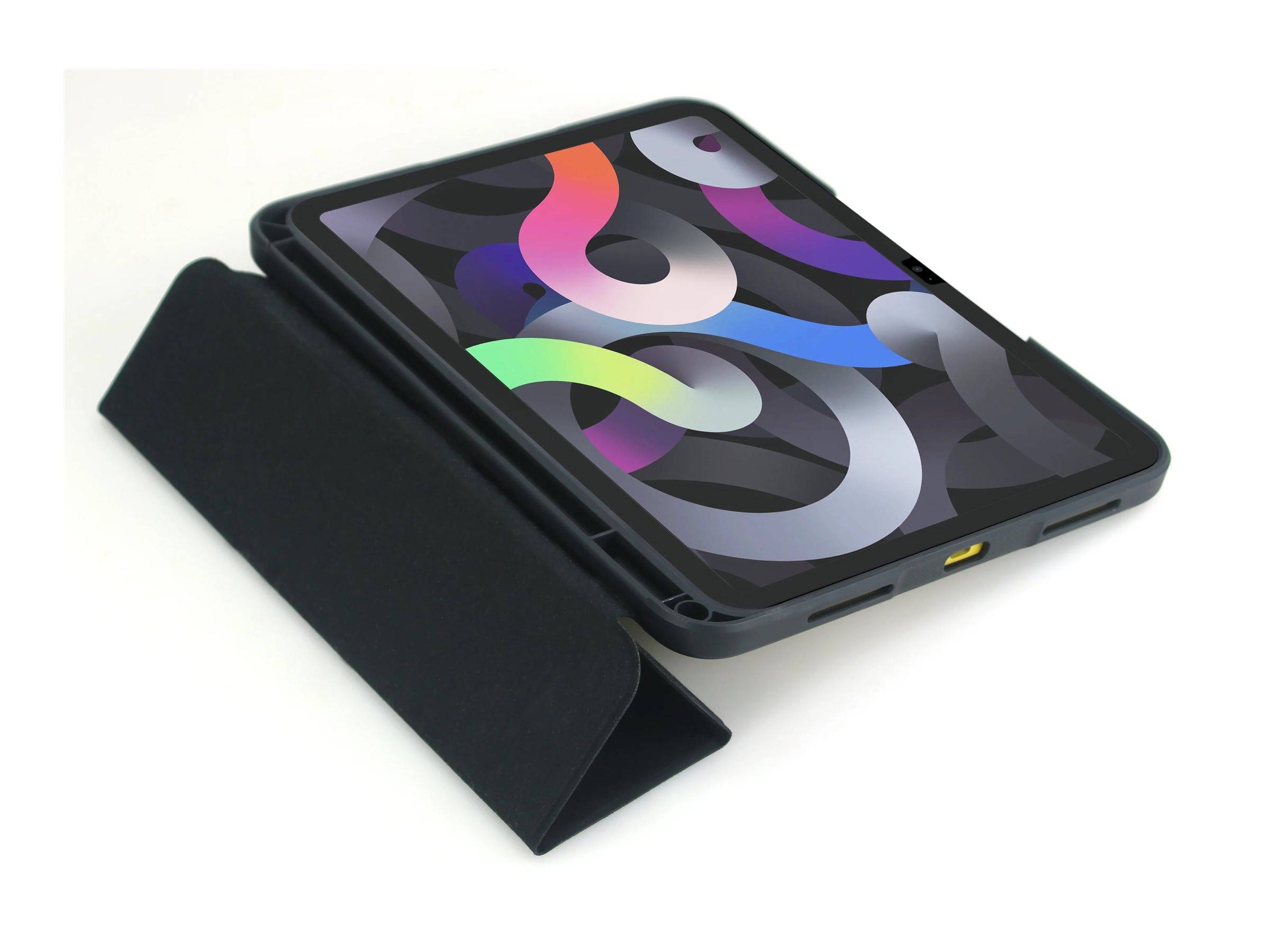 Ein Tablet in einem schwarzen Etui zeigt ein farbenfrohes abstraktes Bildschirmdesign mit gewellten Formen, das auf einer weißen Oberfläche liegt.