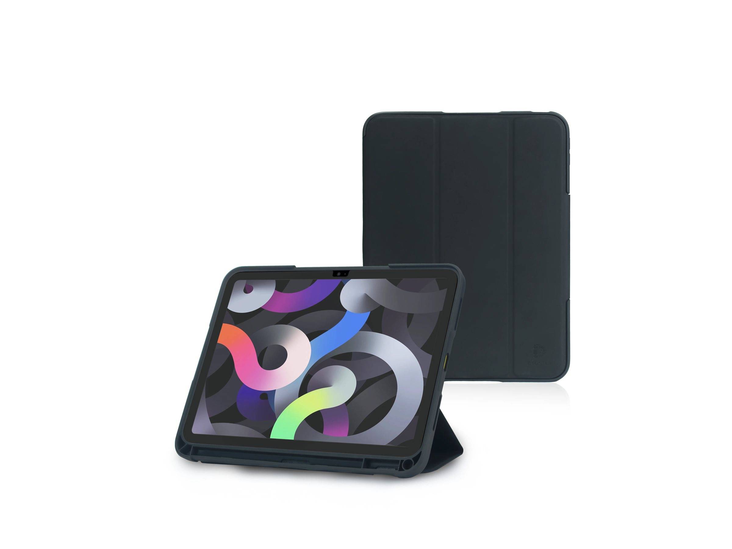 Tablet in einem Schutzgehäuse, dargestellt mit einem farbenfrohen abstrakten Bildschirm. Das Gehäuse ermöglicht es, das Tablet aufrecht zu stellen.