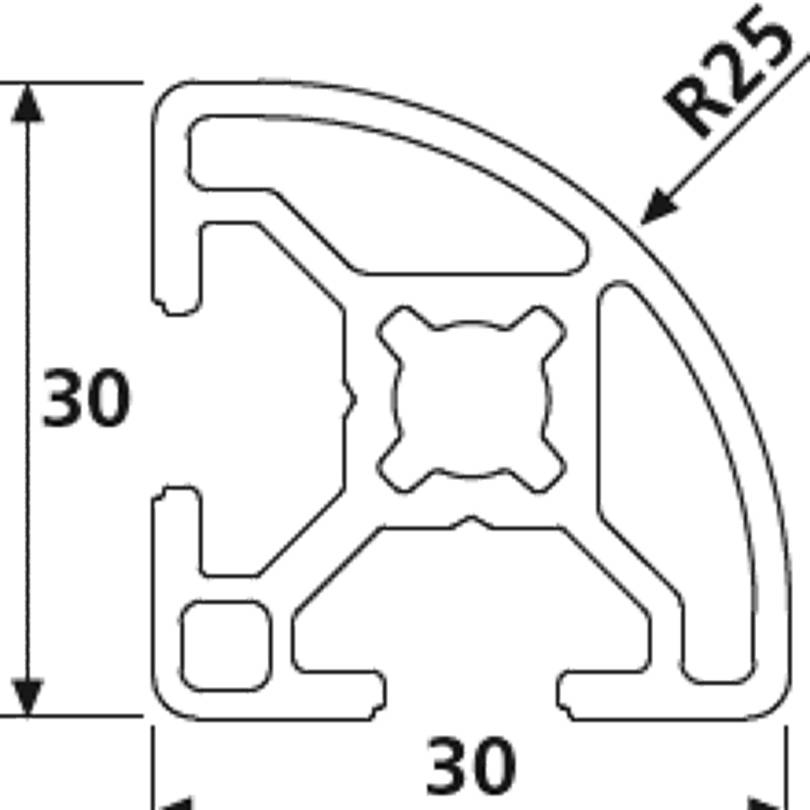 Design-Aluminiumprofil 30x30L Radius 25 B-Typ Nut 8 (leicht), silber eloxiert. Aluminium Profil 30x30 Alu Profil 30 x 30 Systemprofil 710mm