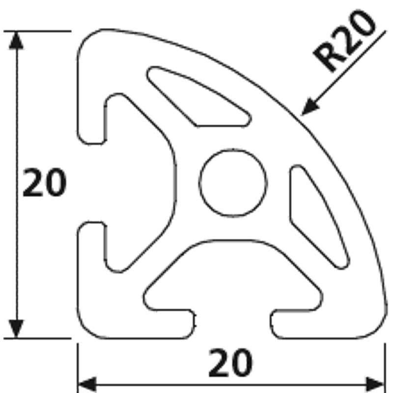 Design-Aluminiumprofil 20x20L R20 (Radius R20-90°) I-Typ Nut 5 (leicht), silber eloxiert. Aluminium Profil 20x20 Alu Profile 20 x 20 1250mm