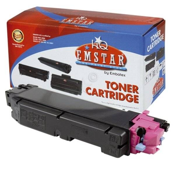 Schwarze Tonerpatrone mit rosa Endkappe vor einer Emstar-Tonerpatronenschachtel auf weißem Hintergrund.
