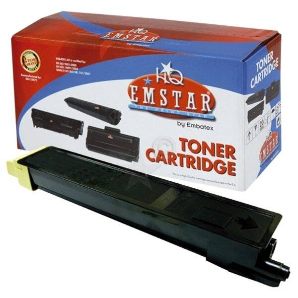 Schwarze Tonerpatrone, die vor ihrer Verpackungsbox „HQ EMSTAR by Embatex