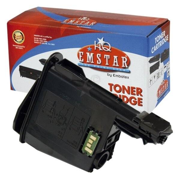 Schwarze Tonerkartusche vor einer HQ Emstar Tonerkartusche Box.