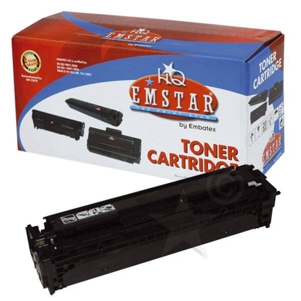 Karton mit HQ Emstar Tonerpatronen mit einer schwarzen Tonerpatrone, die vorne angezeigt wird, Produktverpackung für Druckerzubehör.