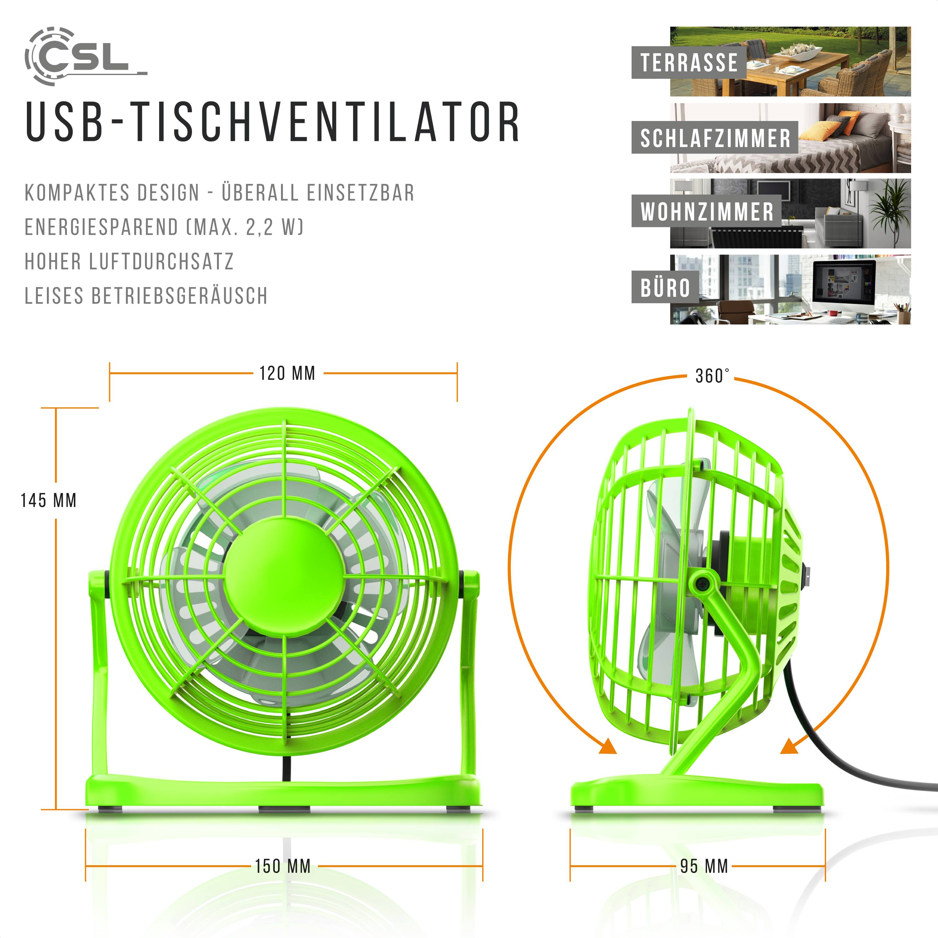 CSL Mini USB-Ventilator, Tischventilator neigbar, An/Aus-Schalter, optimal für den Schreibtisch, grün