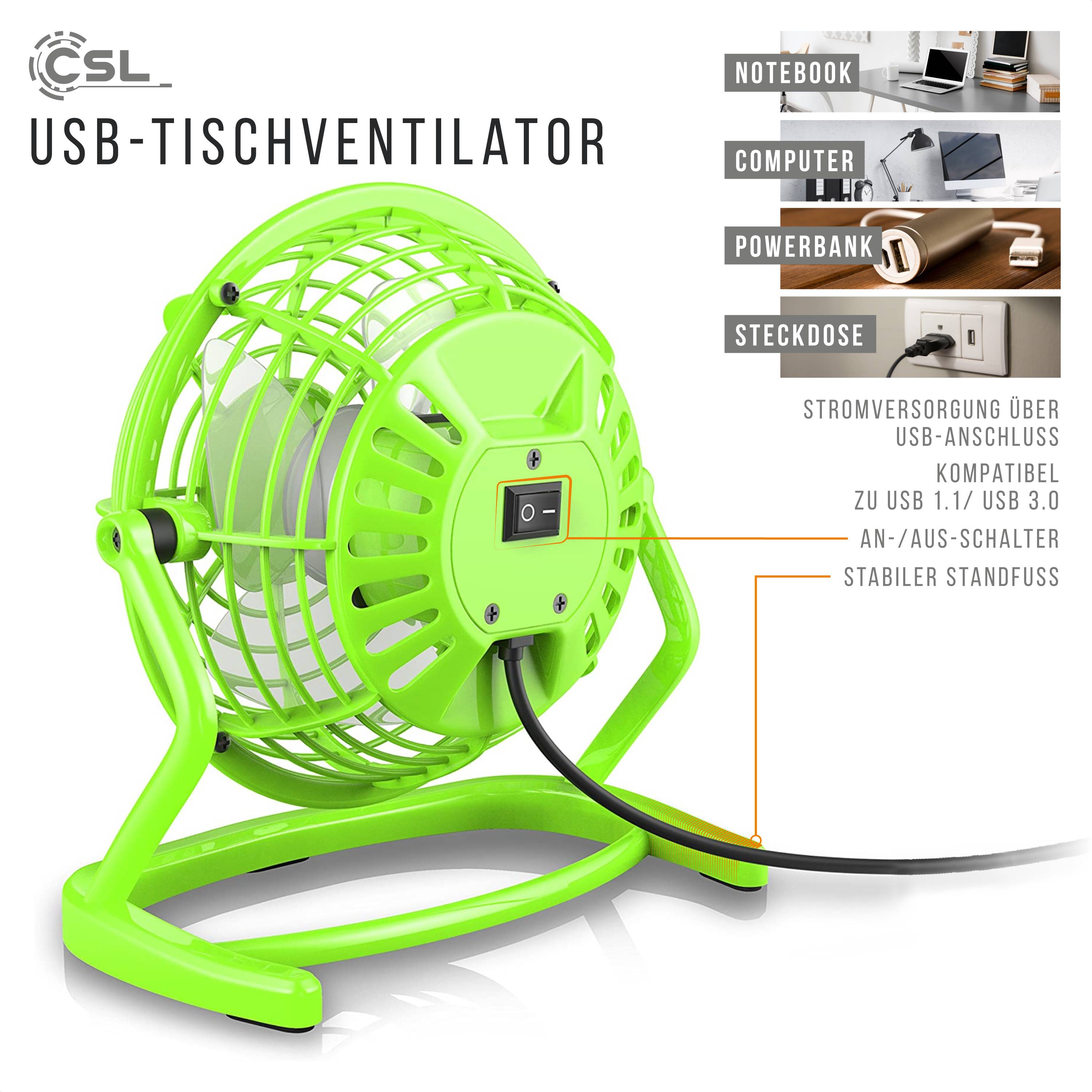 CSL Mini USB-Ventilator, Tischventilator neigbar, An/Aus-Schalter, optimal für den Schreibtisch, grün