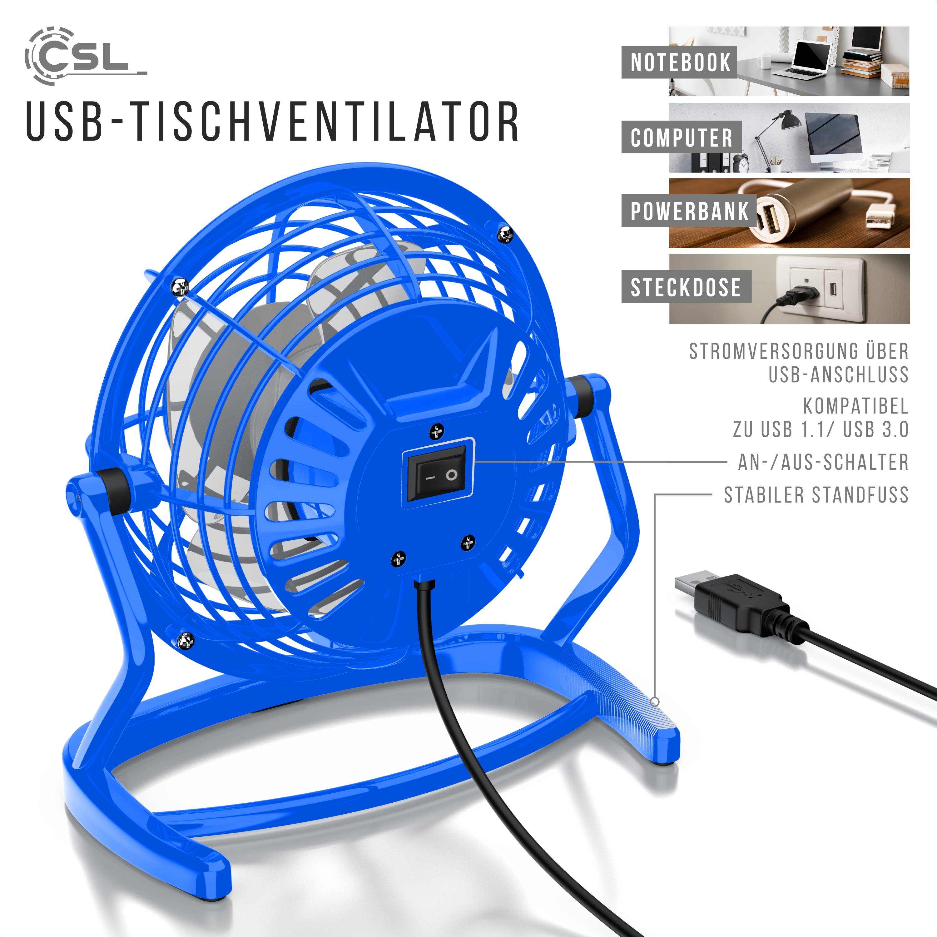 CSL Mini USB-Ventilator, Tischventilator neigbar, An/Aus-Schalter, optimal für den Schreibtisch, blau