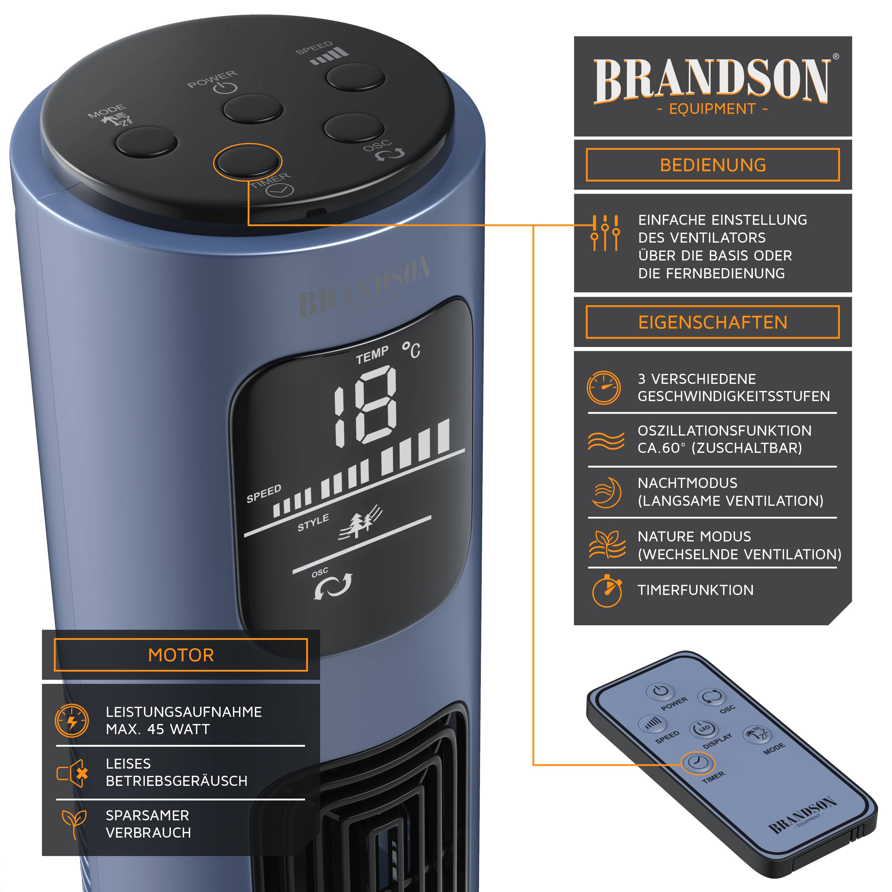 Brandson Turmventilator mit Fernbedienung, Oszillation 60°, Standventilator, Lüfter 96 cm, 45W Ventilator
