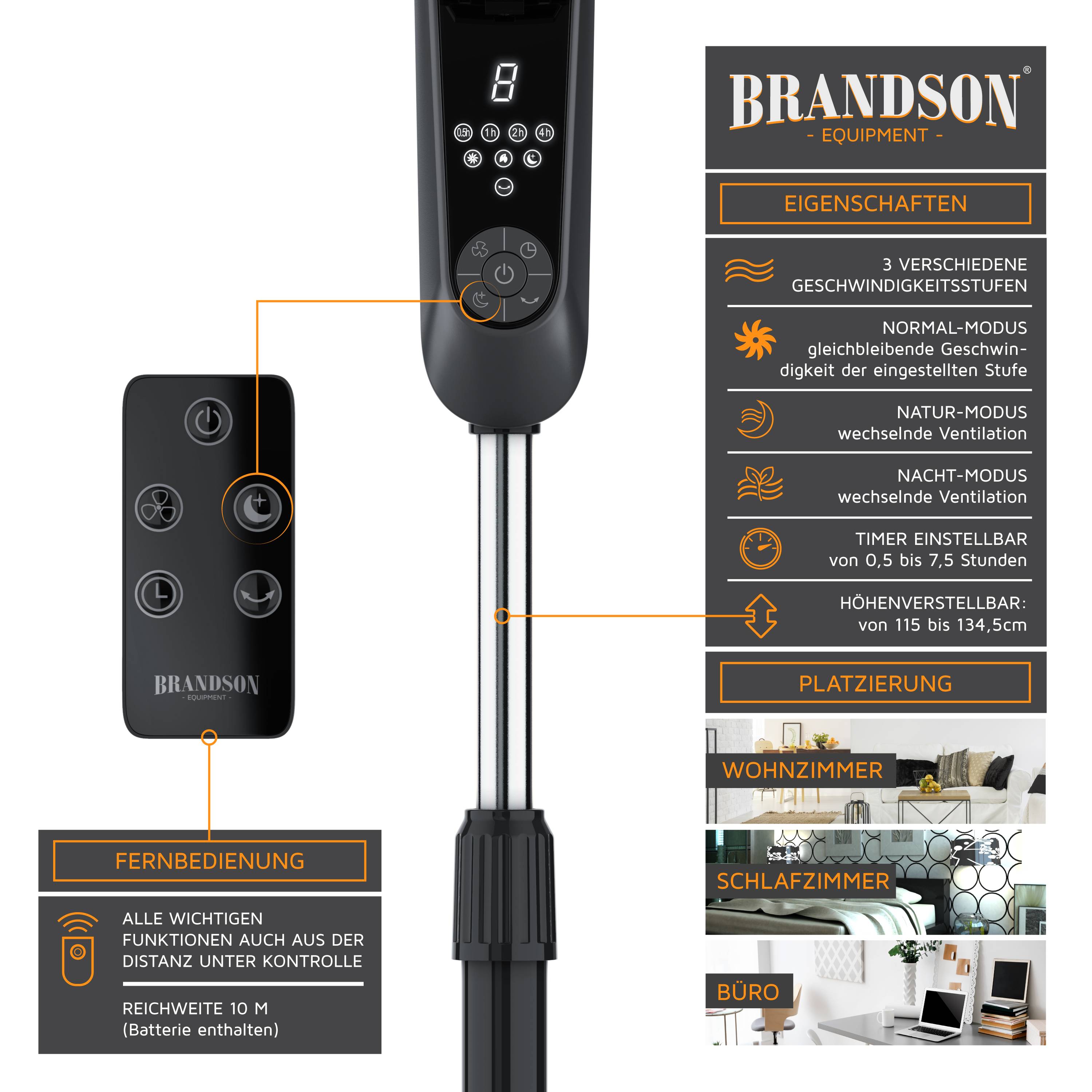 Brandson Standventilator 60W, Luftkühler, Oszillation, Ventilator höhenverstellbar, 35 Grad neigbar, 3 Geschwindigkeiten