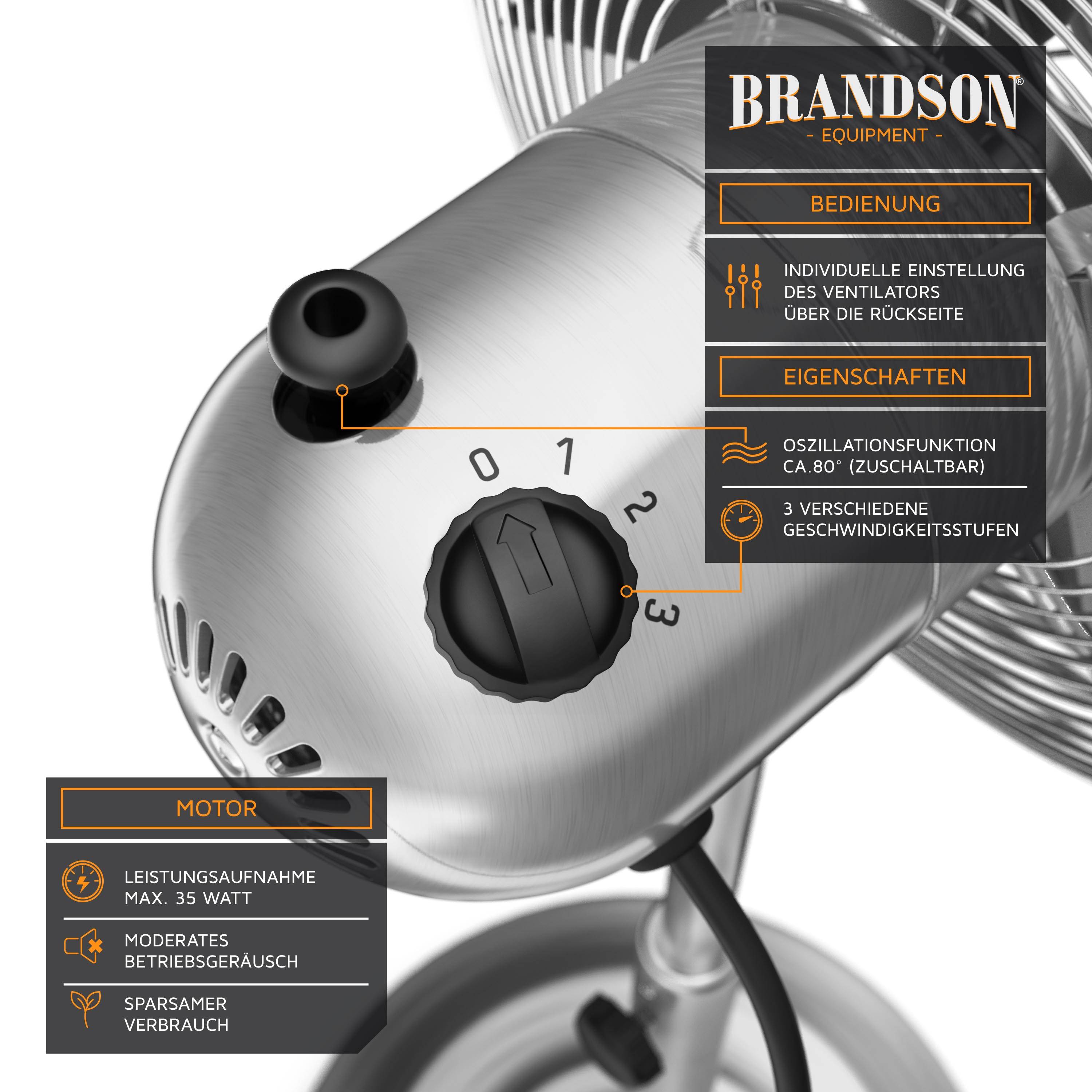 Brandson Standventilator 35W mit Oszillation 80 Grad im Chrom Design, höhenverstellbarer Standfuß, 30 Grad neigbar